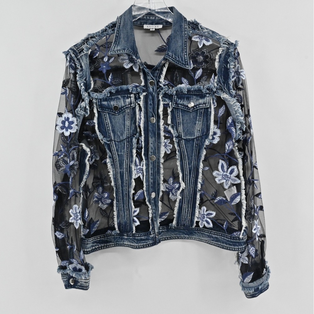 Adore Floral Mesh Lace Denim Jacket Womens Size XL Blue Frayed Embroidered Snap